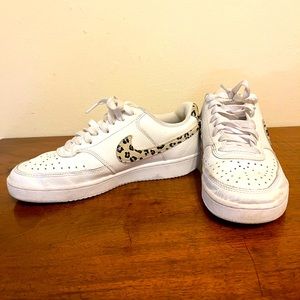 White Nike Sneakers with Leopard Swoosh